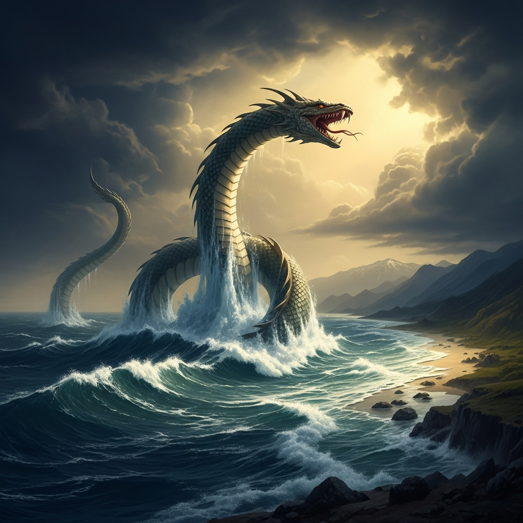Kai Kai Vilú, the sea serpent, rising from the Pacific in the moment of the flood — an immense serpentine form larger than any mountain, its scales the color of deep ocean, coiling upward and sending walls of seawater across the coastal plains of Chile, the sky dark with storm, the Andes visible in the distance.