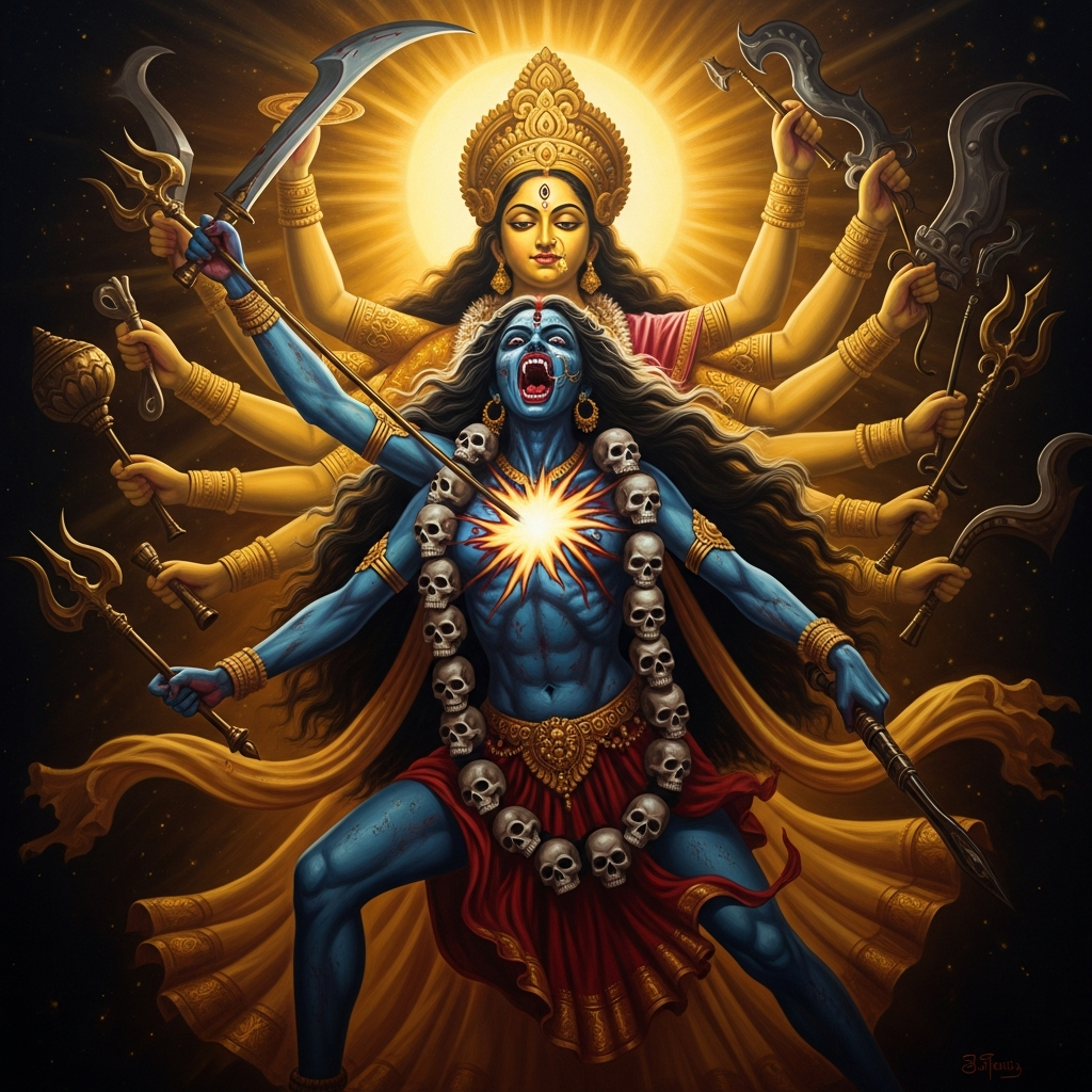 Kali tears herself free from Durga's forehead — black against the goddess's gold, mouth open in a howl that is also a laugh, tongue already extended, the garland of severed heads still settling around her neck as she enters the battle.