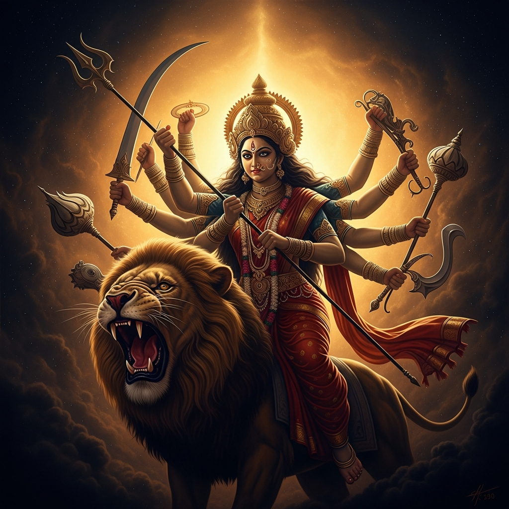 From Durga's furrowed brow — the third eye clenched with fury — Kali springs forth fully formed: black-skinned, wild-haired, her tongue already extended, a garland of freshly severed heads swinging as she lands.