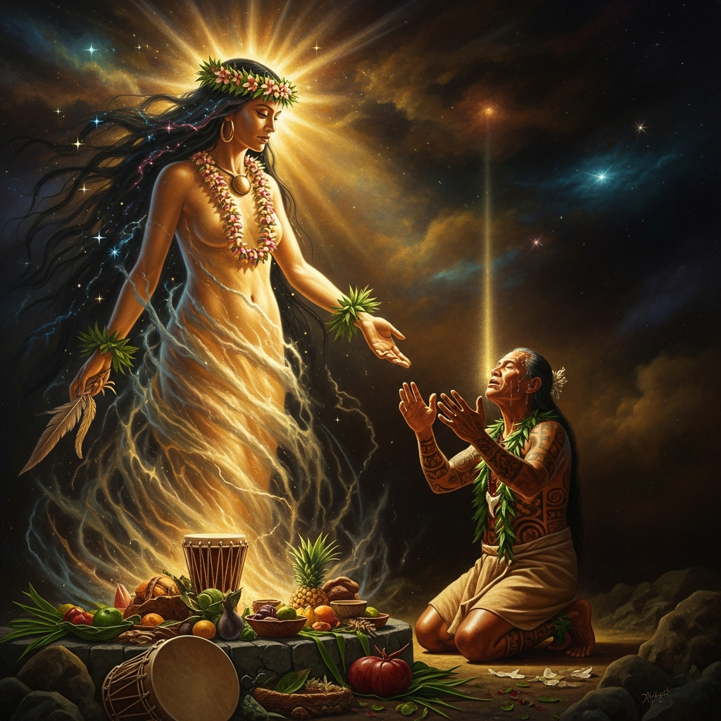 Kapo invoked in the kahuna's prayer — sister of Pele, goddess of dark sorcery and healing, her presence felt as a change in the temperature of the air around the dying man.