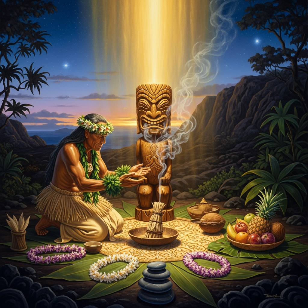 A kahuna at a healing altar before dawn — the ti-leaf bundle burning, the carved ki'i akua on the wooden post, the man laid out on a mat in the open air of the heiau courtyard.