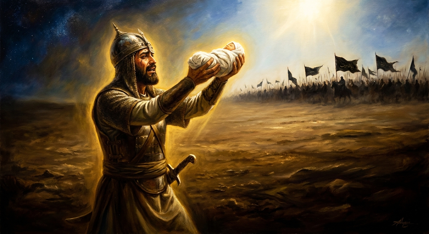 Husayn lifts his infant son Ali Asghar toward the Umayyad lines, asking for water. A single arrow answers him.