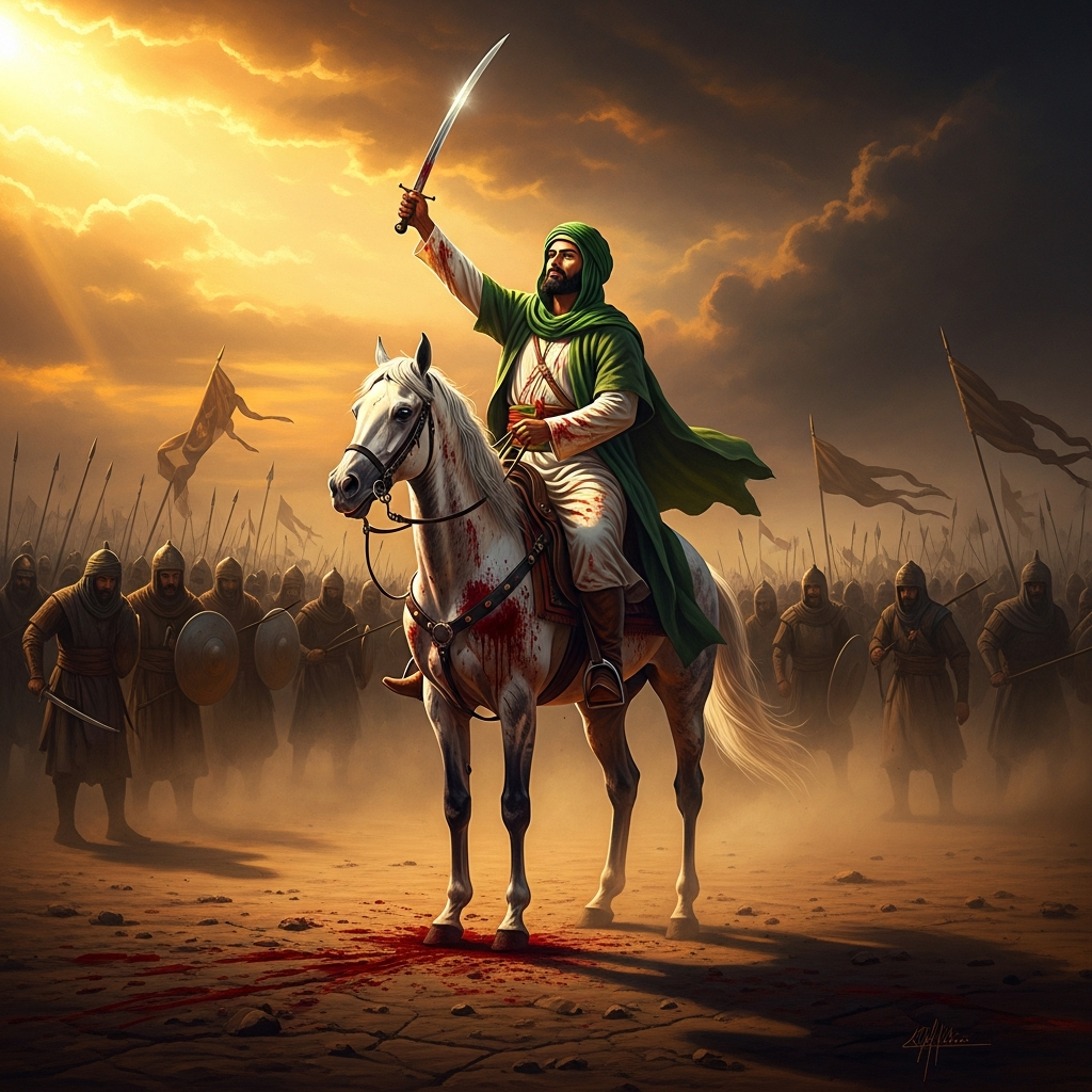 October 10, 680. Karbala. The sun beats on the plain near the Euphrates. Husayn ibn Ali — Ali's son, Muhammad's grandson — stands with seventy-two companions against four thousand soldiers of the Umayyad caliph Yazid. By evening every man in his camp will be dead. The schism that began with one ambiguous sentence at Ghadir Khumm will be sealed with one massacre and a single severed head.