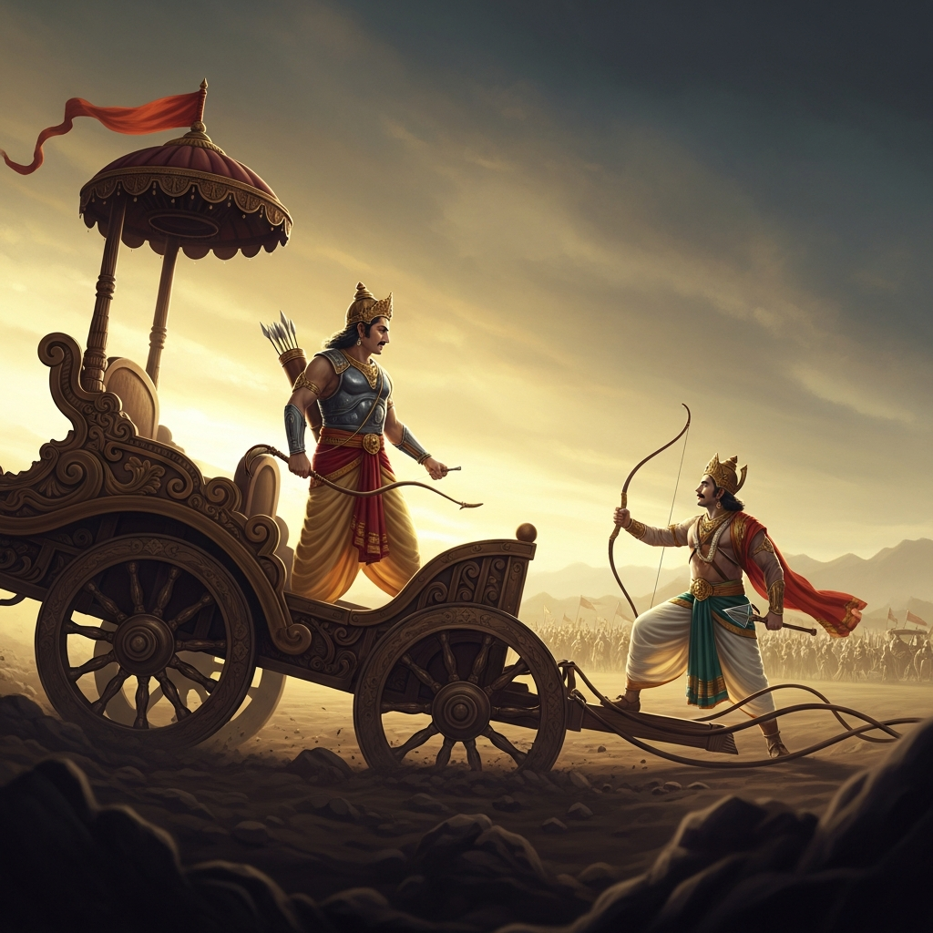 The wheel sinks at the worst moment. Karna stands in the tilted chariot looking at Arjuna across the field, his quiver still heavy, his arm still strong, and calls out the rules of war that the court of Hastinapura spent the entire war breaking.