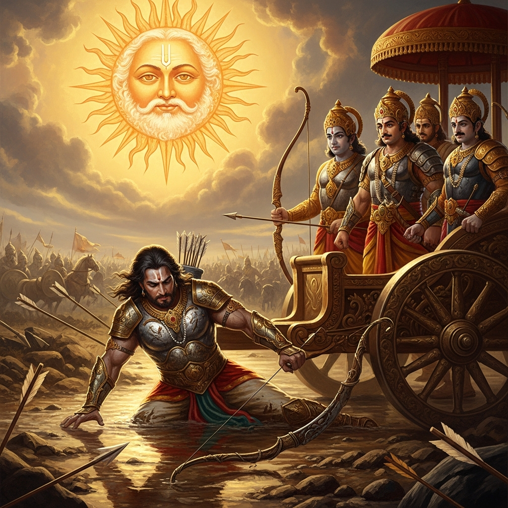 Karna falls in the chariot mud with the wheel still sunken and the arrows still in the air. Across the field, among the Pandavas, only the sun watches with the expression of a father.