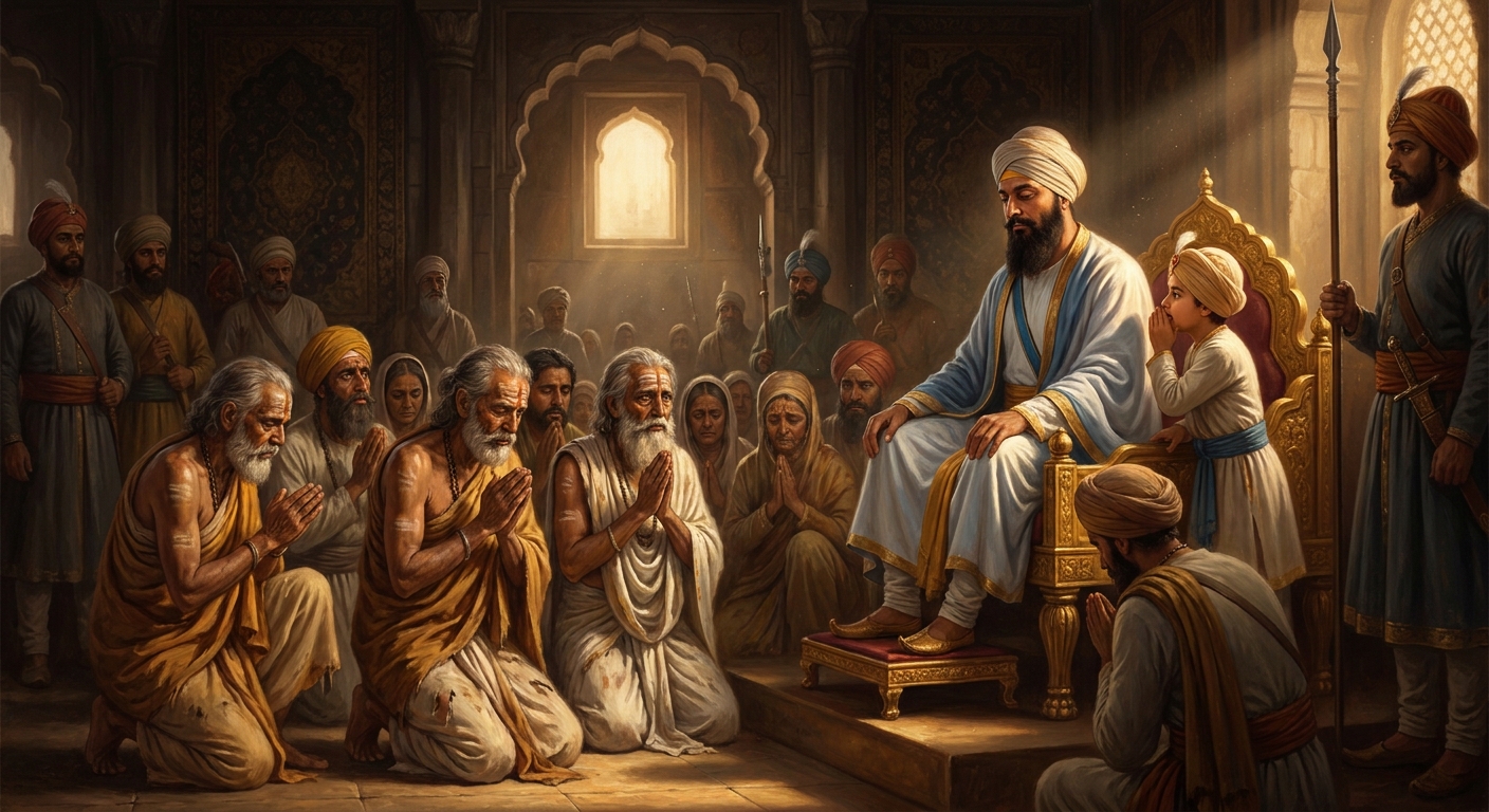 Spring 1675, Anandpur. Pandit Kirpa Ram and five hundred Kashmiri Brahmins arrive in mourning, asking the Ninth Guru for shelter from Aurangzeb's forced conversions.
