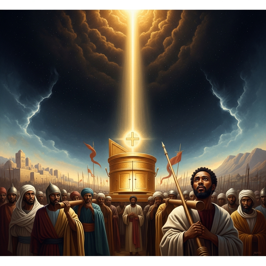 Twenty years later, Menelik I leads a caravan north out of Jerusalem in the dead of night. In the back of the lead wagon, wrapped in seven layers of linen, the Ark of the Covenant rides with him toward Aksum.