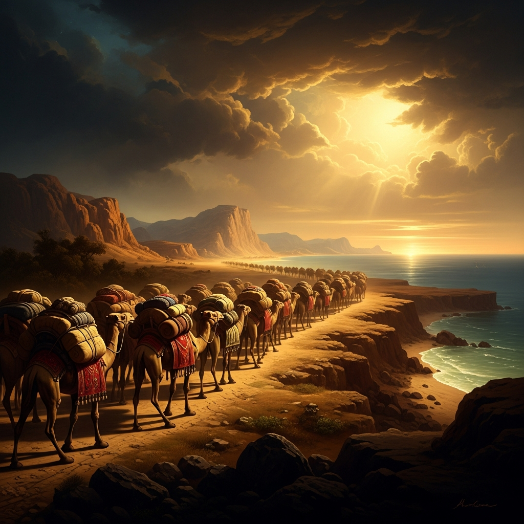 The caravan crosses the Red Sea coast — eight hundred camels, jewels, spices, ebony, gold from the mines of Ophir — bound from Aksum to Jerusalem to test the wisdom of a king.