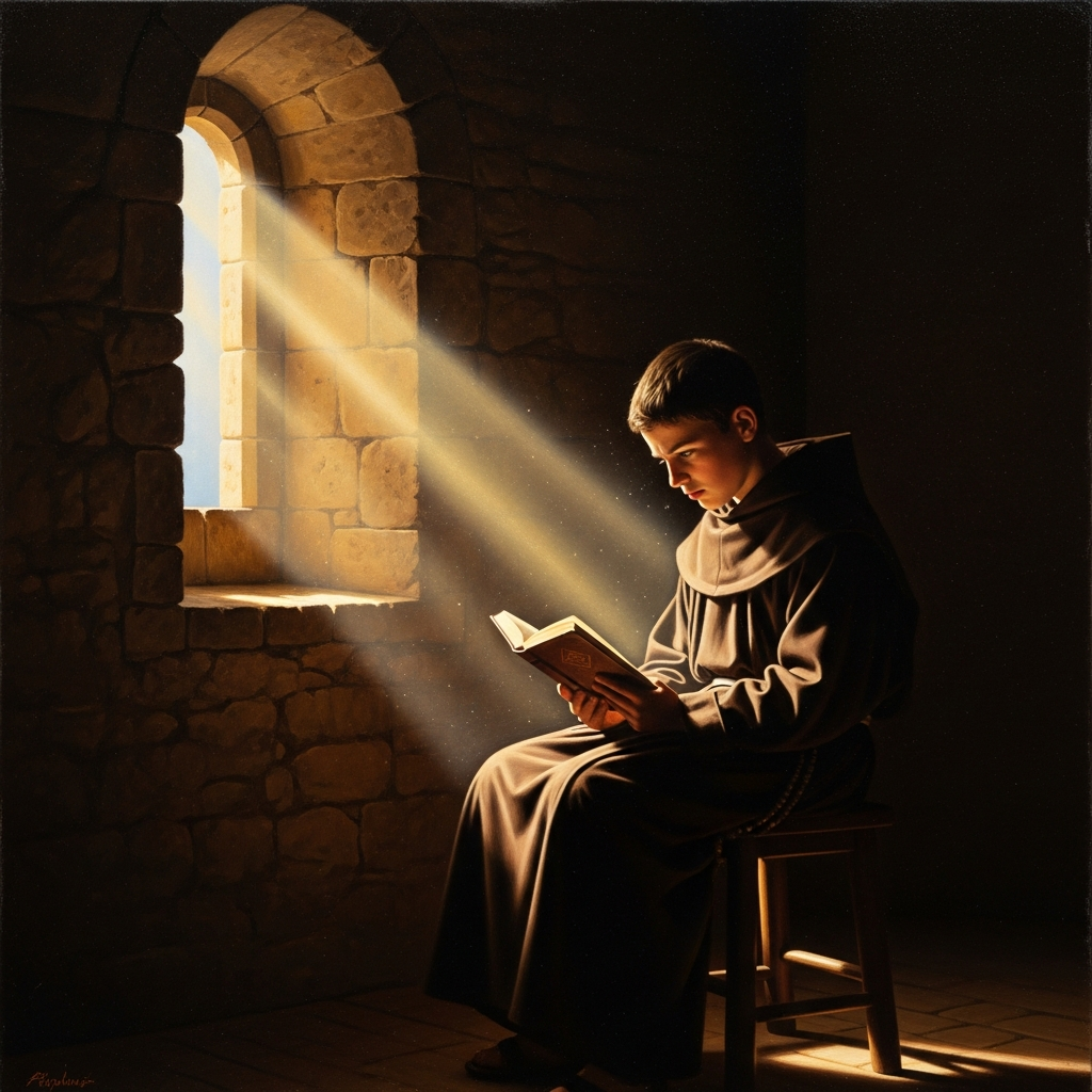 A novice in his cell, reading the small book by the light that comes through the stone window — the exact reader Thomas imagined.
