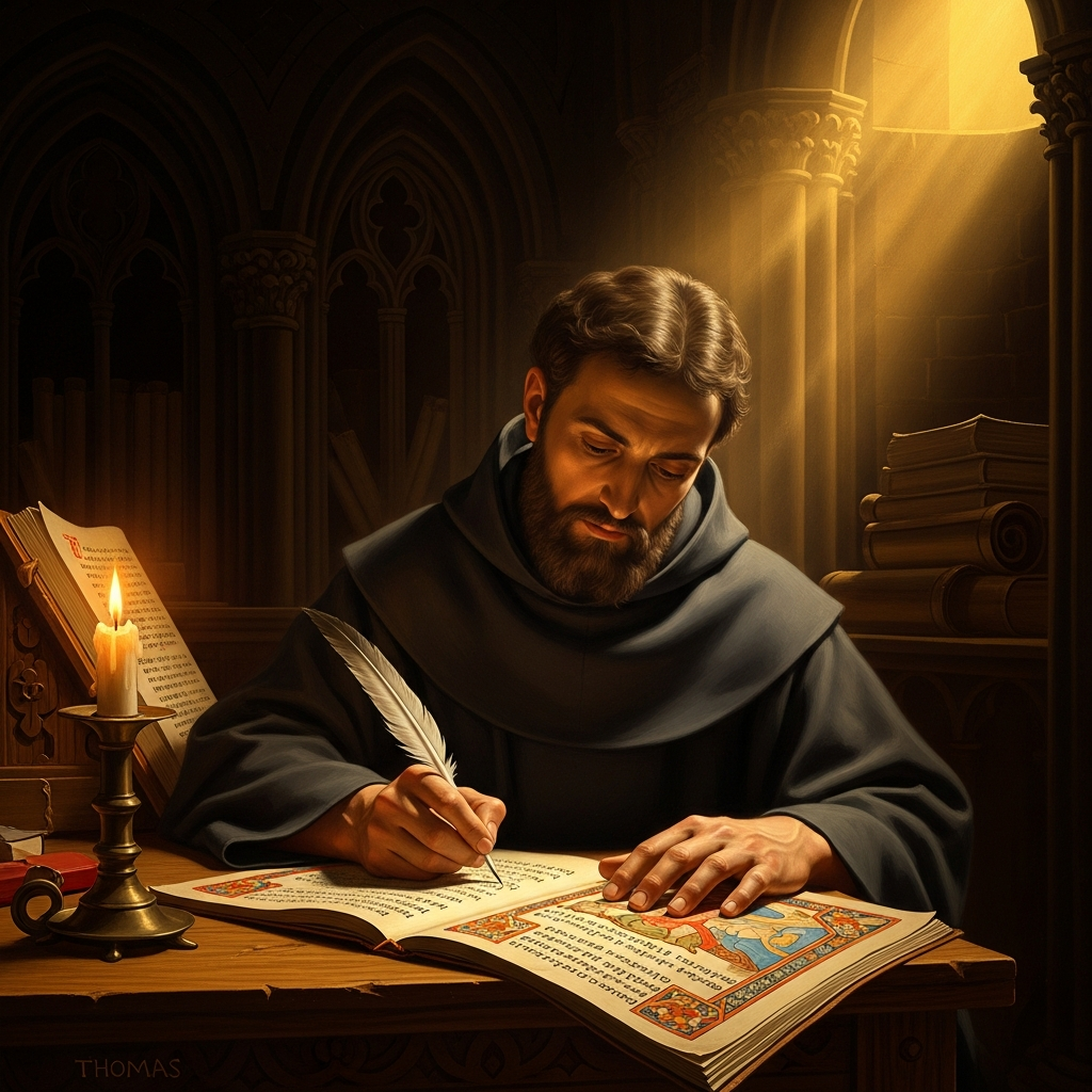 Thomas in the scriptorium at Mount Saint Agnes, a candle burning low at his left hand, the quill moving through another page of the Gospel of John.