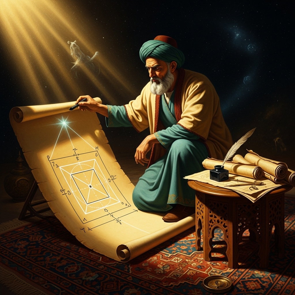 Al-Khwarizmi draws the diagram that accompanies the geometric proof of his quadratic equation — the image that gives *al-jabr* (the restoration) its name, and eventually gives the world algebra.