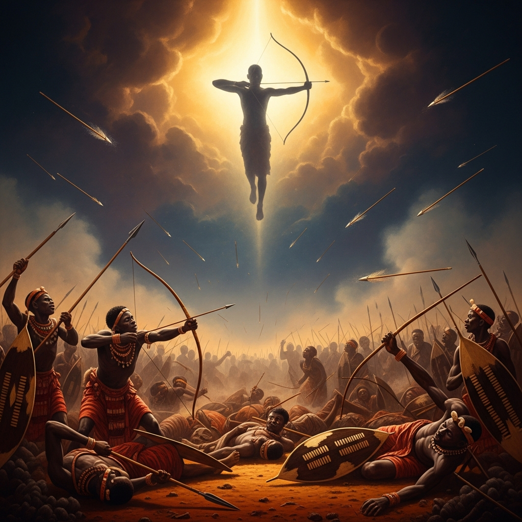 Kibuka hovers above the battle at Bunyoro — invisible, invincible, his arrows falling from a cloudless sky, the warriors below unable to see what is killing them.