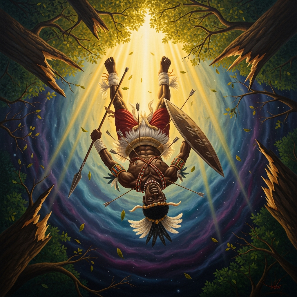 Kibuka falls from the trees, the arrows of Bunyoro finding him where the woman said he would be, the war god's invincibility ended by a single broken ritual law.
