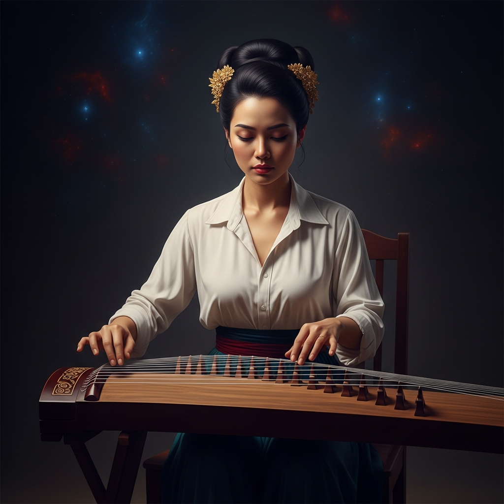 Kiều plays the đàn tranh — the sixteen-string zither — in the house of Tú Bà, in a brothel in Lâm Tri. She has been there three years. Her music is so extraordinary that men weep without knowing why. She plays for men who buy her company and thinks, behind her composed face, of Kim Trọng, who is somewhere north waiting for her to come back from an errand she has not returned from and never will.