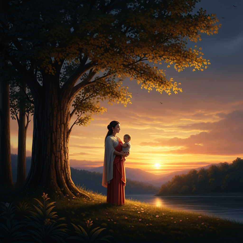 The edge of the forest outside Savatthi at dusk. Kisā Gotamī stands at the treeline alone. The child is no longer in her arms. She is looking at nothing in particular, which is to say she is seeing clearly for the first time in however long the day has lasted.