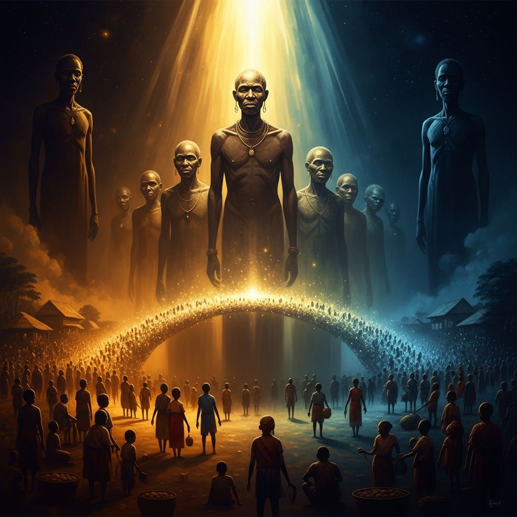 The bakulu — ancestors who died facing the rising sun — stand in the space between the living and the silent god, their accumulated goodness a bridge across the gap that Nzambi's silence created.