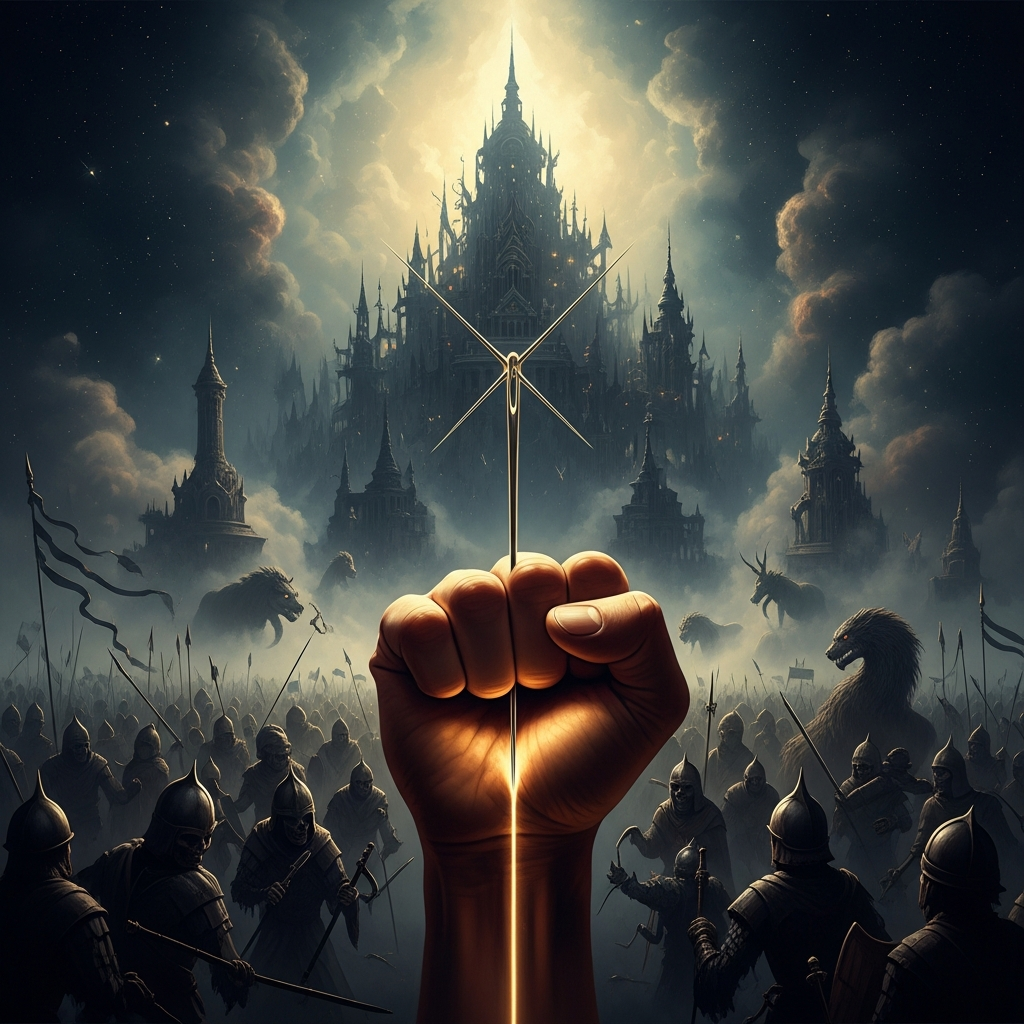 The needle snapping — a thin line of light across a closed fist, and in the distance Koschei's kingdom dissolving like smoke, the undying armies stilled at last