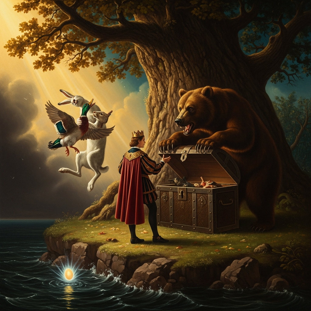 The prince at the iron chest beneath the great oak — the bear holding the chest open, the duck breaking from the hare's grip, the egg falling toward the dark water below the island's edge
