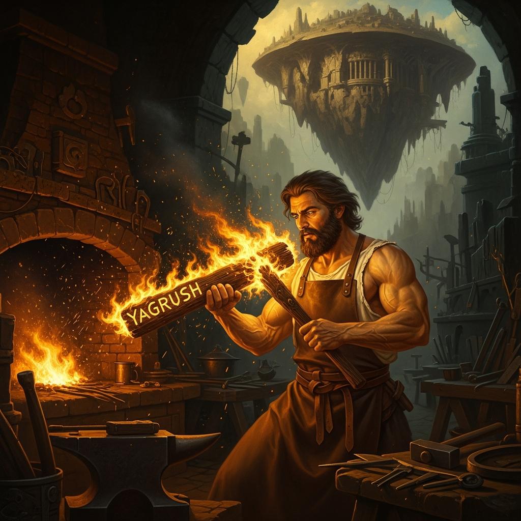Kothar-wa-Khasis at his forge below Caphtor, speaking the name Yagrush — Chaser — into the wood of the first club as fire runs along the grain like a vein of gold.