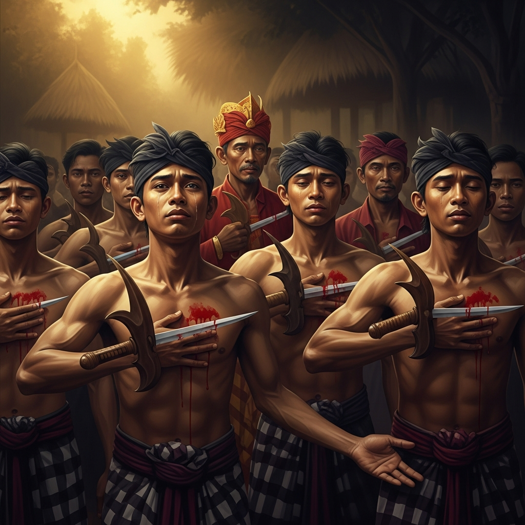 The young men of the village in trance state, their kris daggers turned against their own chests — pressing the blades into themselves while the gamelan reaches its highest intensity. Their faces are elsewhere. Some are weeping. Some are smiling. None of them bleed. The pemangku priest moves between them, bringing them back.