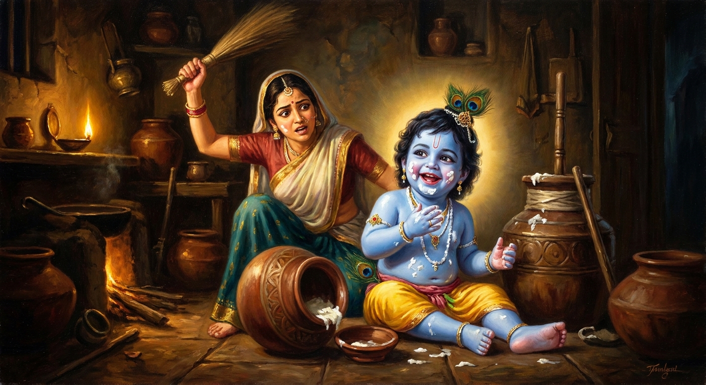 The butter-stealing Krishna — playful, grubby, grinning — is the same god who holds the sun in his throat. The mischief and the cosmos are not in tension. They are the same thing.