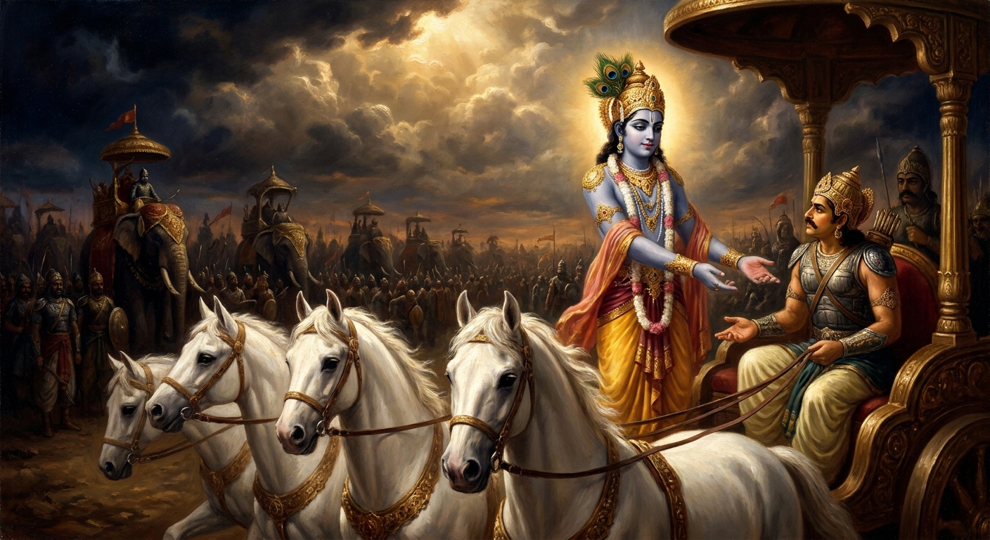 Krishna turns from the reins. The conversation that becomes the Bhagavad Gita begins here — charioteer to warrior, friend to friend, god to man — in the silence between two waiting armies.