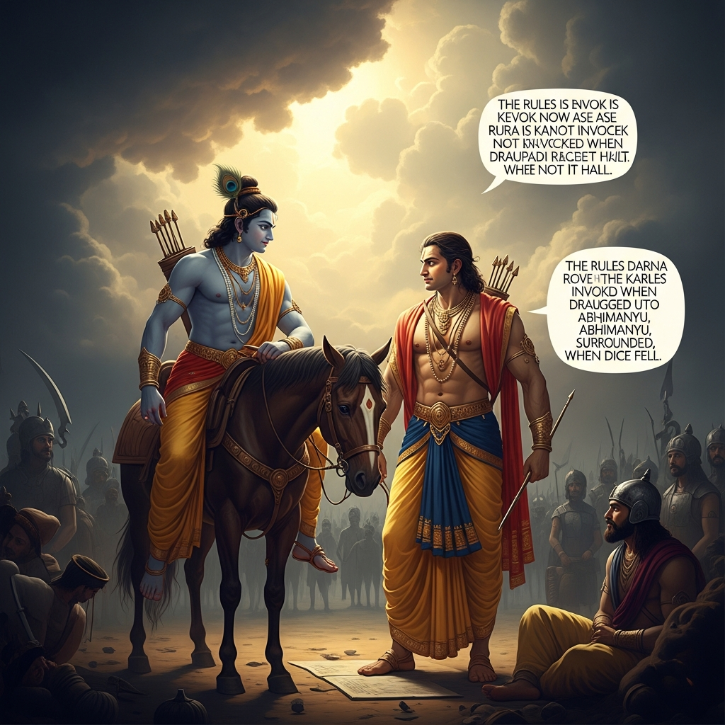 Krishna turns from the reins and speaks quietly to Arjuna: the rules Karna is invoking now are the rules Karna did not invoke when Draupadi was dragged into the hall, when Abhimanyu was surrounded, when the dice fell. Arjuna draws.
