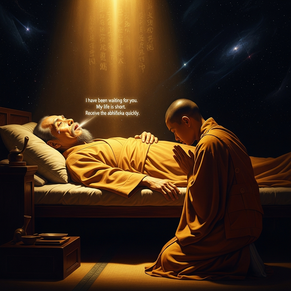 Chang'an, 805 CE. The dying master Huiguo looks up at the young Japanese monk and says: I have been waiting for you. My life is short. Receive the abhiṣeka quickly.