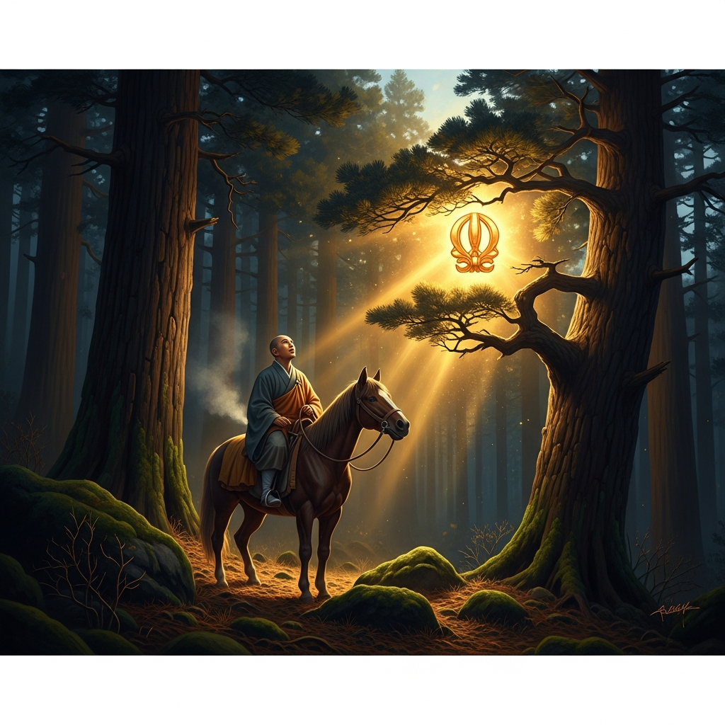 Mount Kōya, 816 CE. He rides through the cedar slopes and sees the vajra caught in the branches of a pine. The mountain has been holding it for eleven years.
