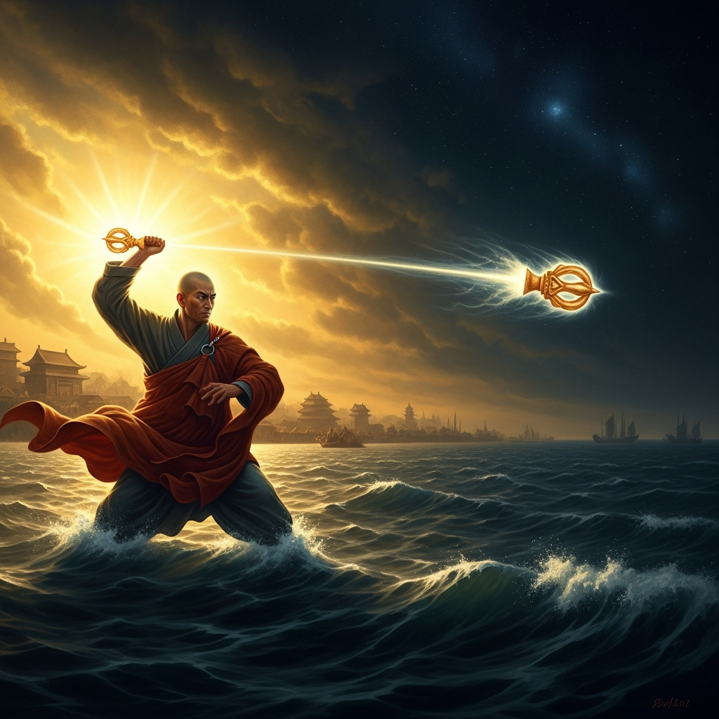 At Mingzhou harbor, Kūkai draws back his arm and hurls the three-pronged vajra east across the sea. Where it lands, he will build the seat of this dharma.