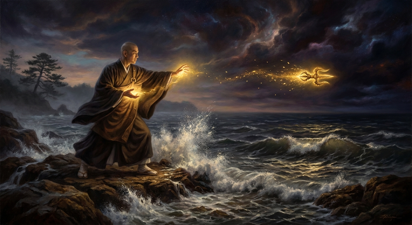 On the shore at Mingzhou, he hurls a three-pronged vajra east across the sea. Years later he will find it caught in a pine on Mount Kōya.
