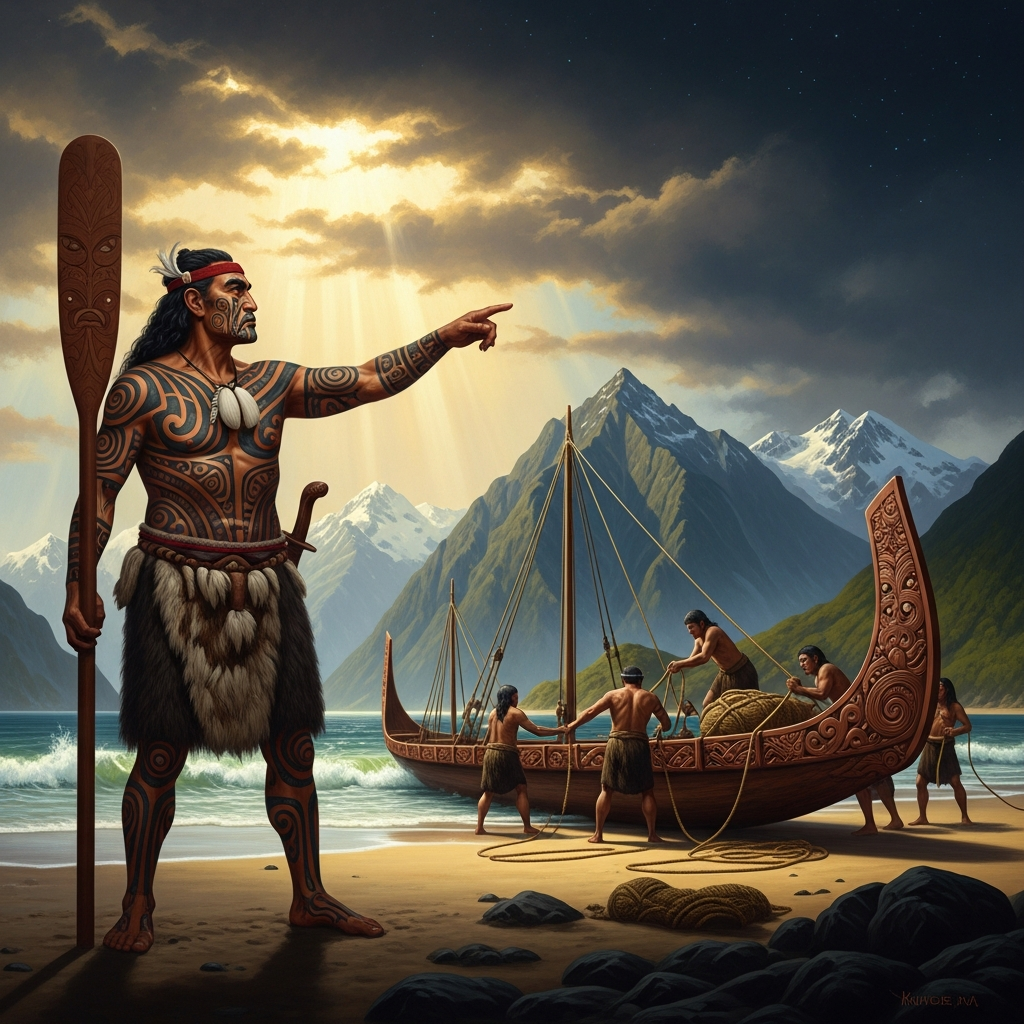 Kupe on the shore of Aotearoa for the only time, naming the mountains and the channels, a navigator who found the land and immediately began preparing to leave it.