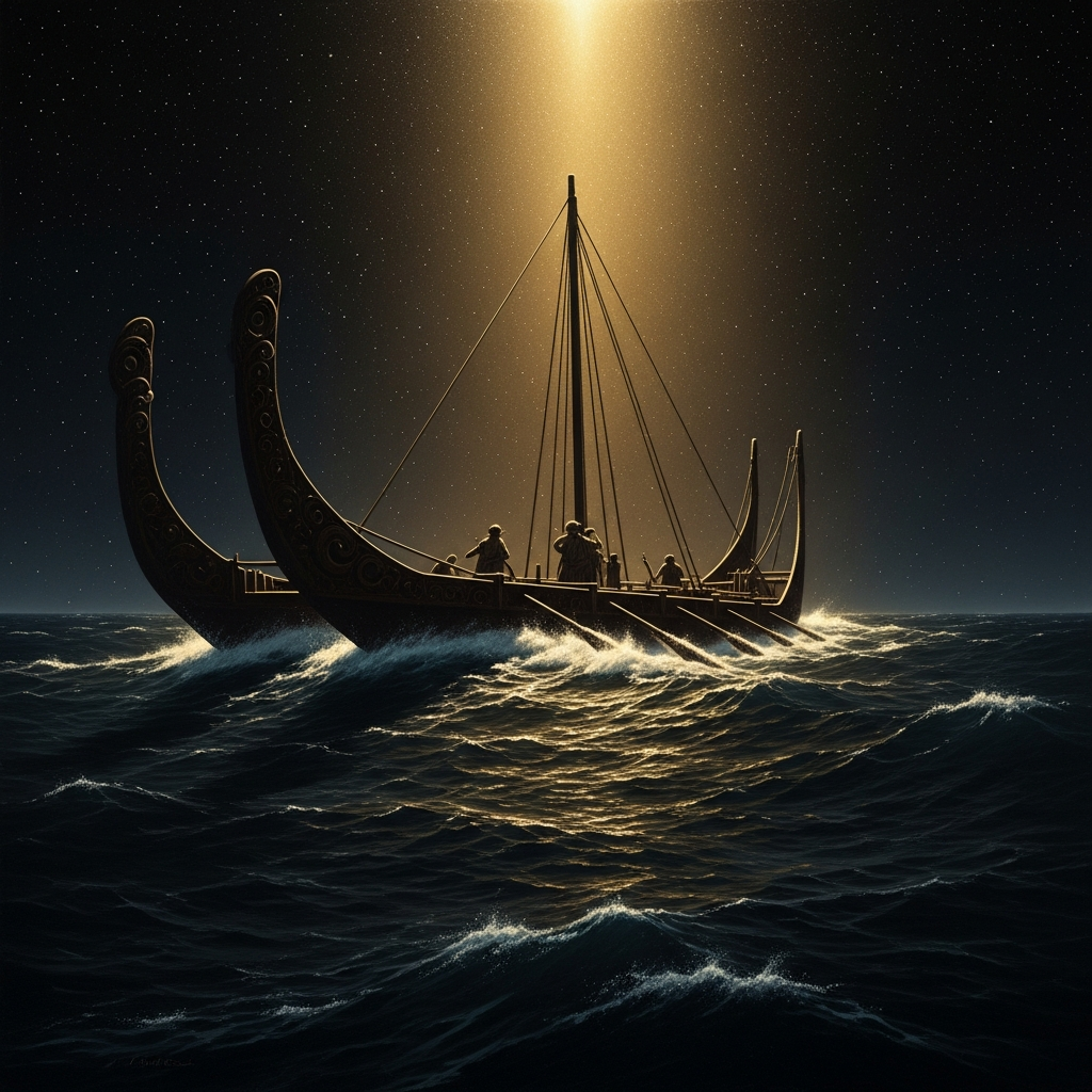 Kupe's waka hourua in the open Pacific — the double-hulled canoe a dark shape on a dark ocean, the stars the only fixed points in every direction.