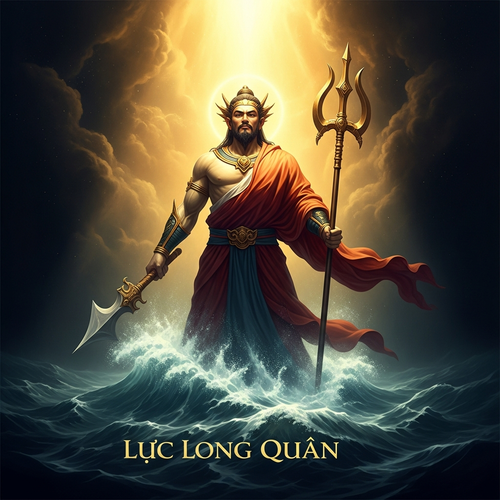 Lạc Long Quân rises from the southern ocean — the Dragon Lord of the Lac, son of Kinh Dương Vương and the sea-goddess Long Nữ. Vietnamese tradition gives him the body of a man and the lineage of a dragon: he can breathe underwater, command the river-spirits, and defeat demons by name. He is the south. He is the sea. He is what rises from below.