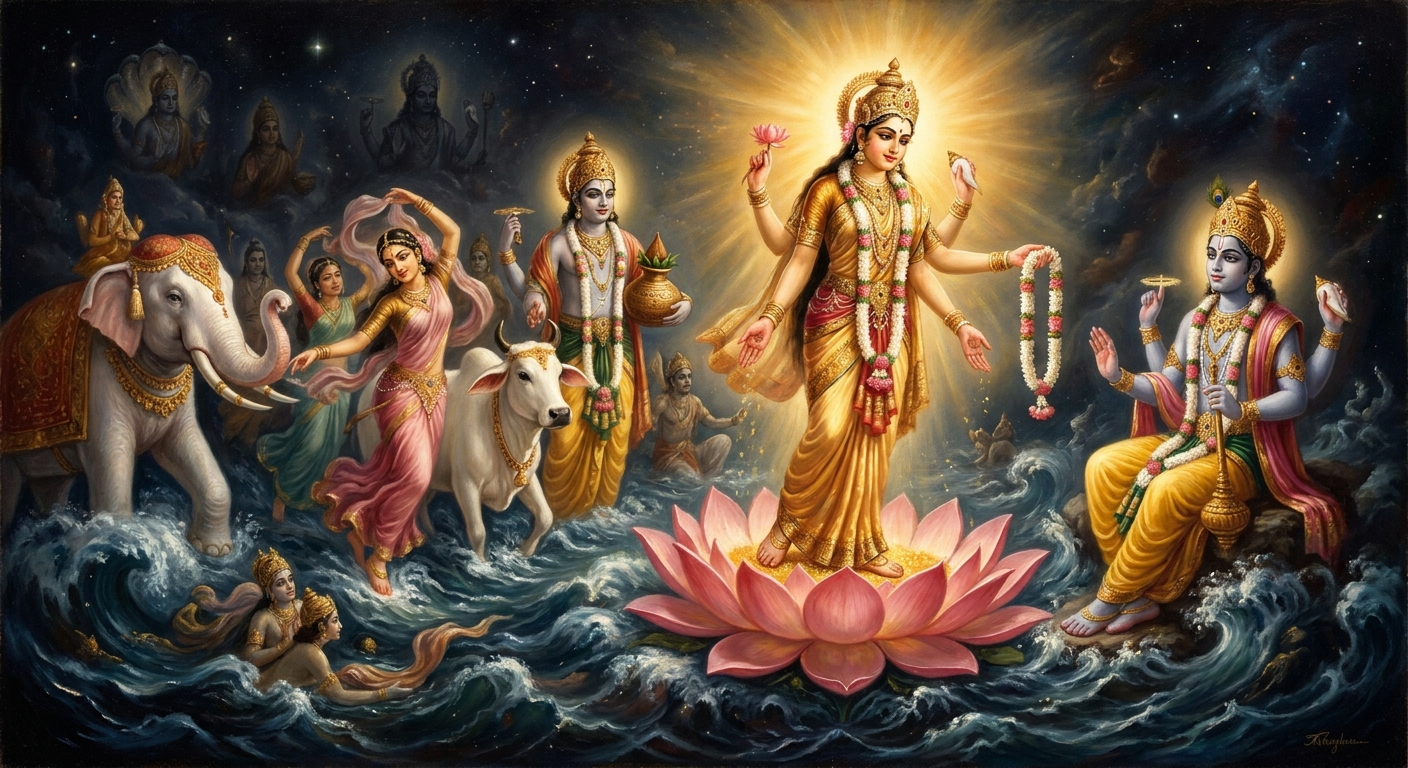 Lakshmi rises from the churned sea standing on a lotus, draped in gold light, the oceans and rivers pouring over her in benediction — beauty itself emerging from the labor of opposites.