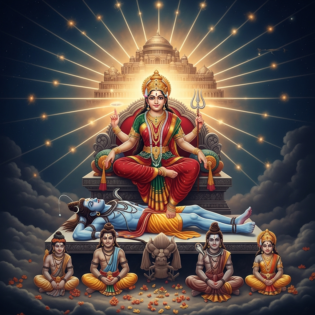 She sits on the throne that is Shiva made horizontal — her consort as the ground beneath her, the four gods of the Hindu pantheon as its legs. Around her the Chintamani Palace radiates all creation outward from the point where she sits, each beam a universe.