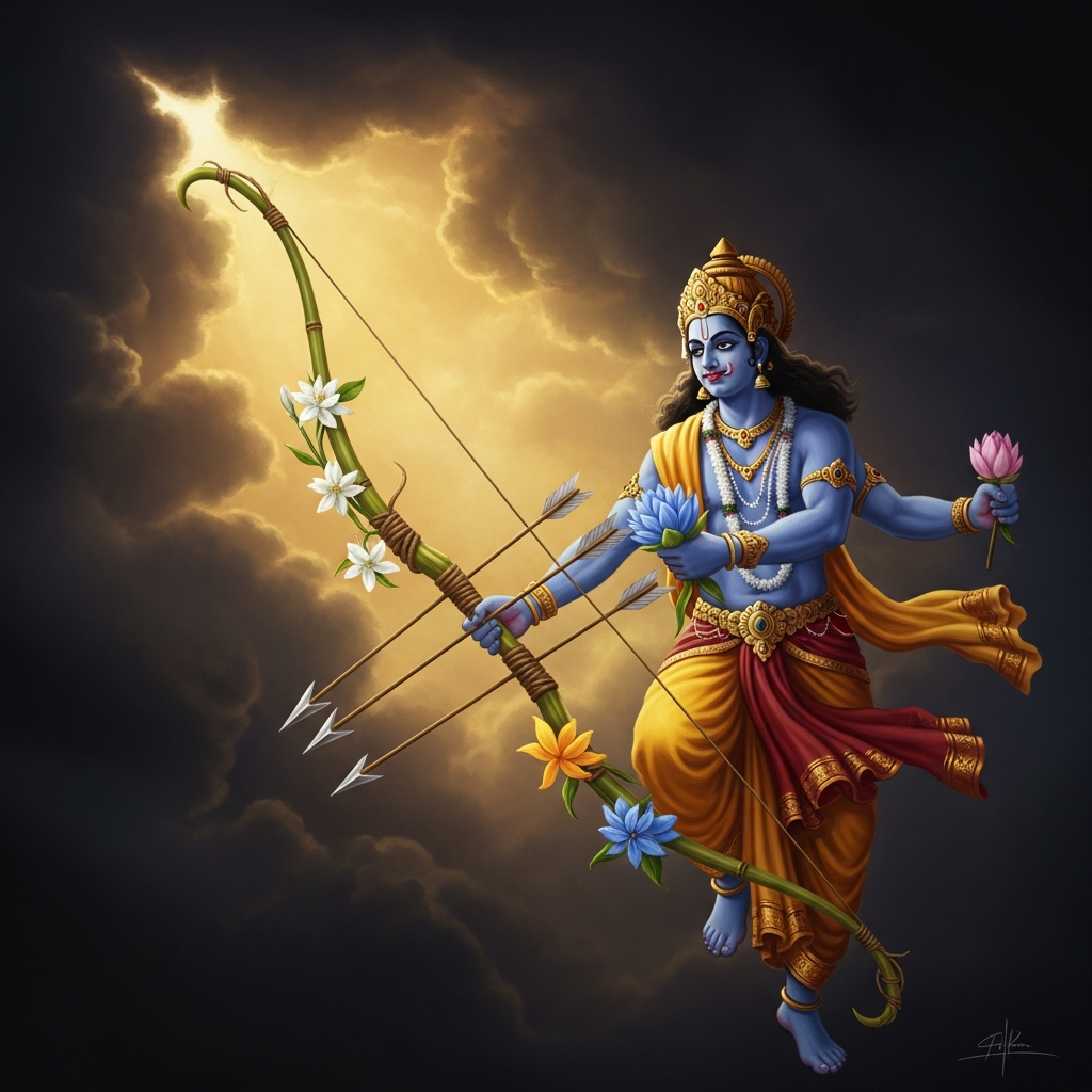 The noose catches what needs binding. The goad drives what needs urging. The sugarcane bow is strung with desire itself. The five flower-arrows — of the jasmine, the ashoka, the mango blossom, the blue lotus, the champak — are the five senses made weapons in the hand that made them.