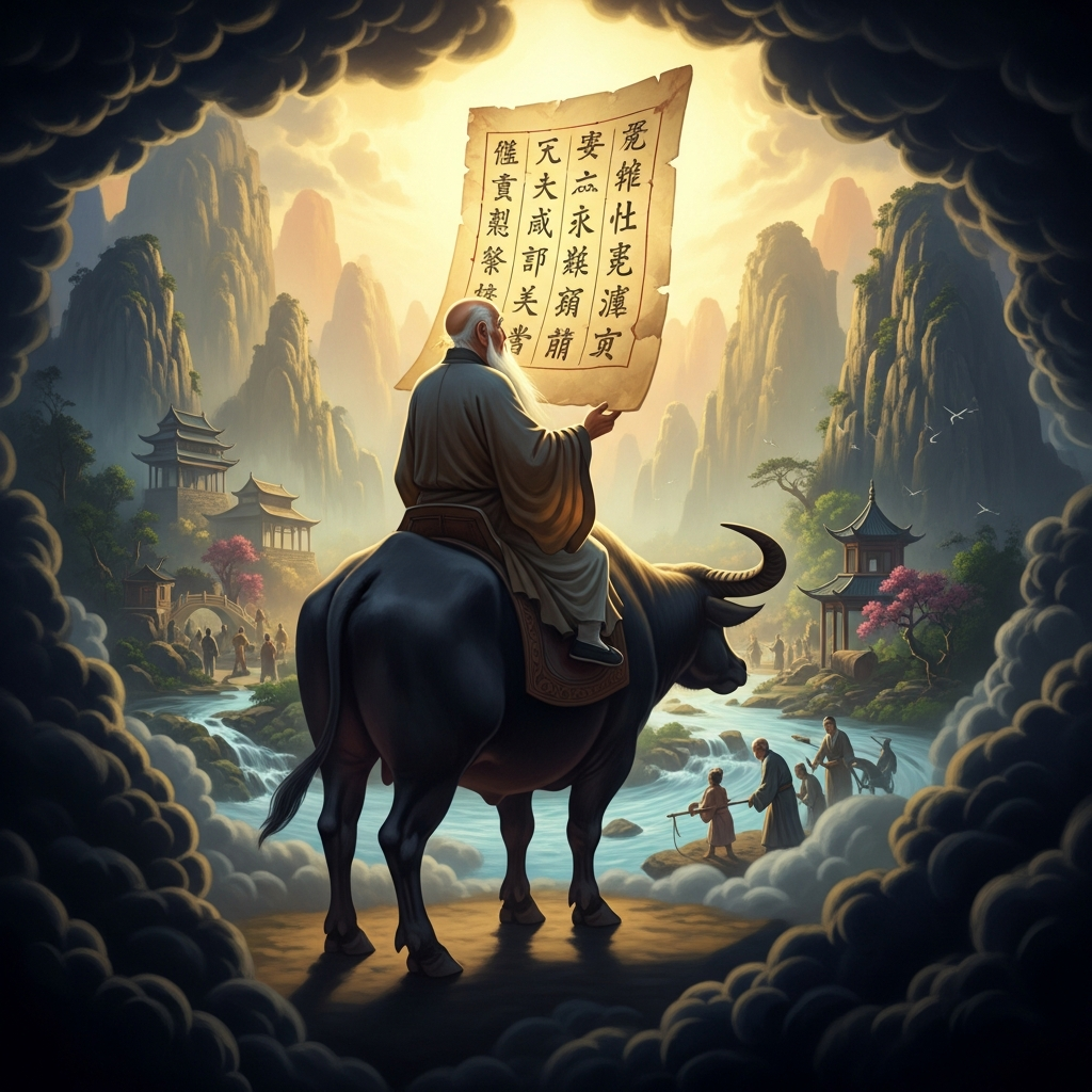 Laozi rides west on his water buffalo, diminishing against the limestone peaks, the manuscript behind him, the world behind that.