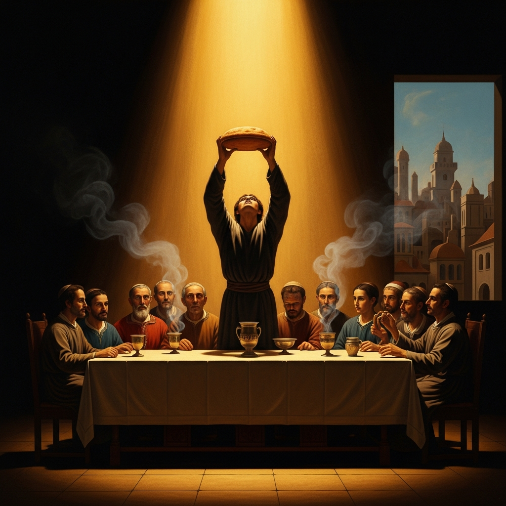 He lifts the unleavened bread above the table: twelve faces in lamplight, the city's Passover smoke drifting through the window, the silence before the words.