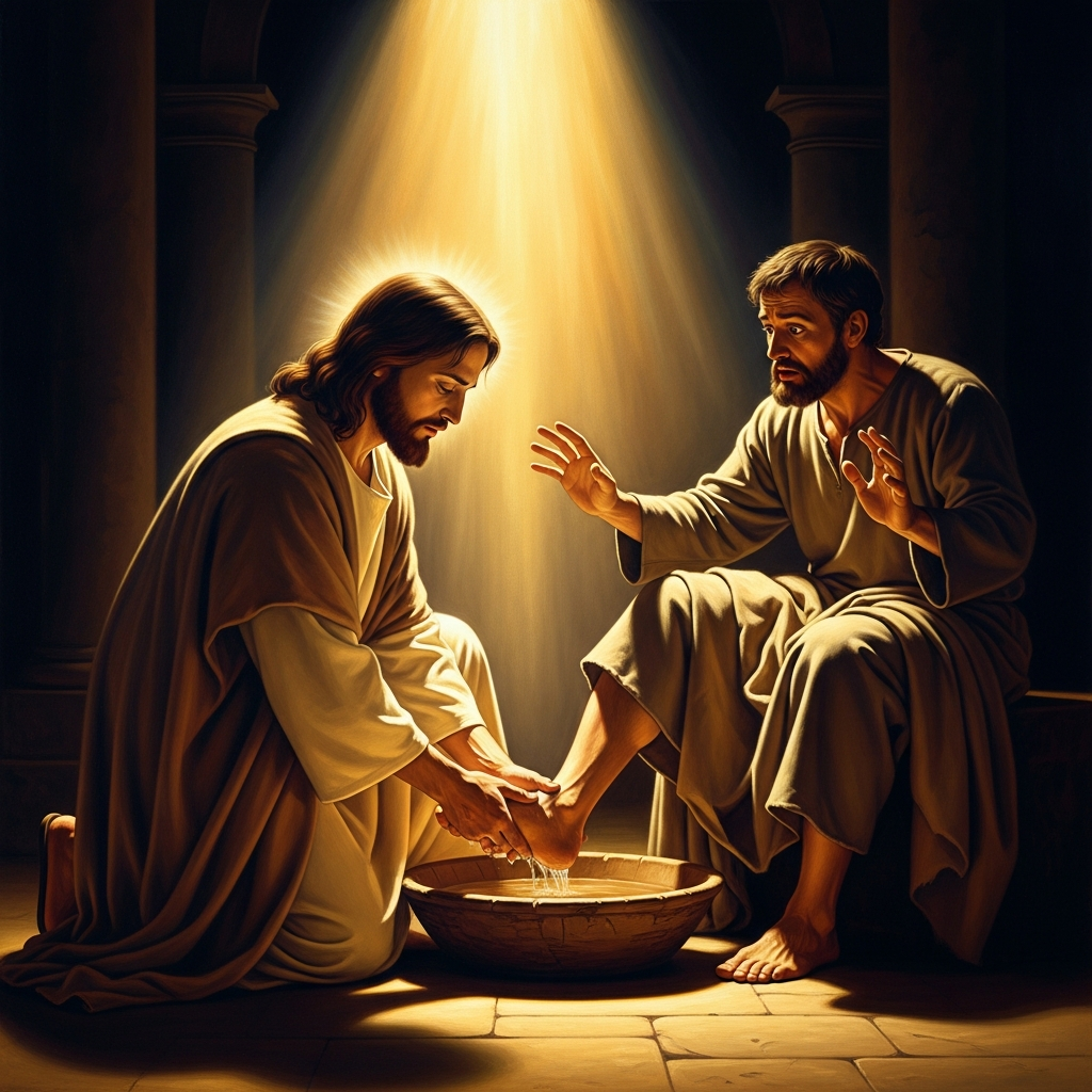 Jesus kneels before Peter with the basin — the teacher washing the feet of the student, the lord serving the servant, before the bread is ever broken.