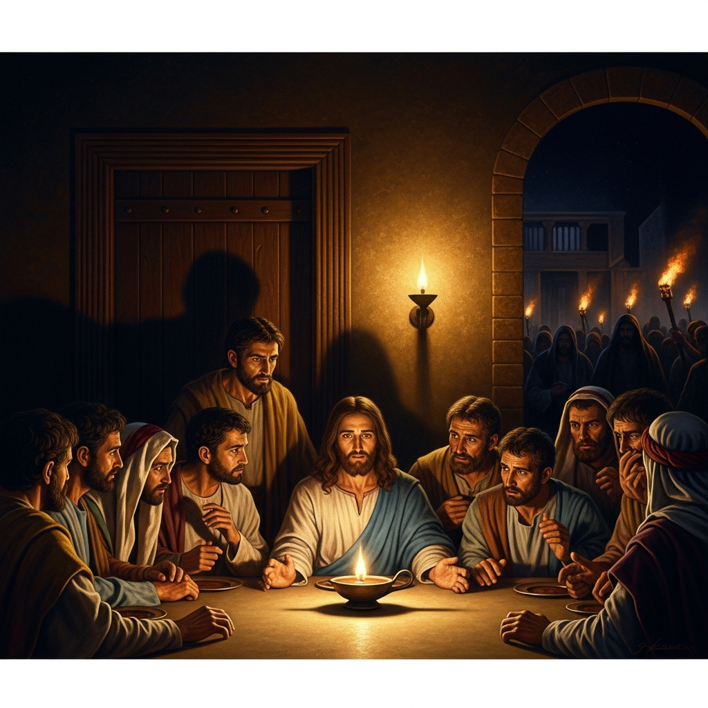 The door closes behind Judas. The remaining eleven watch the lamp flame steady itself. Outside: the Passover crowd, the torches, the machinery of what comes next.