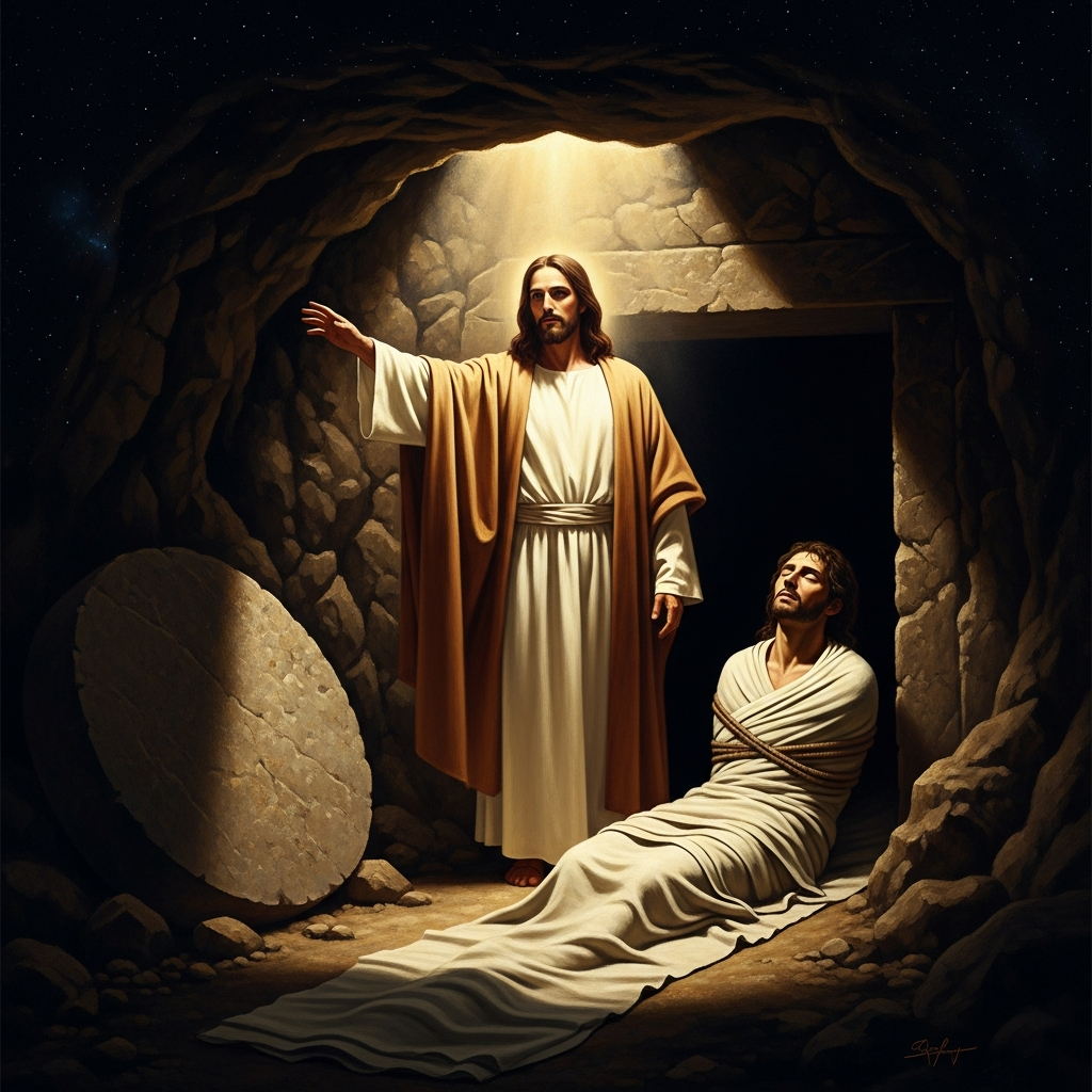 The stone is rolled away. Into the dark of a four-day tomb Jesus calls a single name and a command: Lazarus, come out. And the bound figure appears in the entrance, still wrapped in linen.