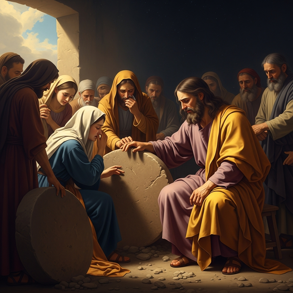 He sees Mary weeping and the crowd weeping with her, and he is deeply moved in spirit and troubled, and he asks where they have laid him. Then he weeps. God, weeping at a tomb he is about to open.