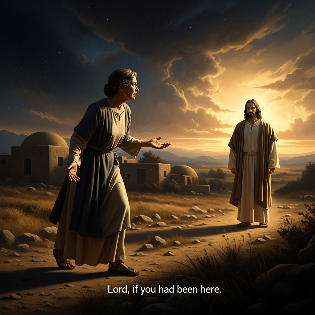 Martha walks out alone to meet Jesus before he reaches the village — not waiting, not patient — with the sentence she has been holding for four days: Lord, if you had been here.