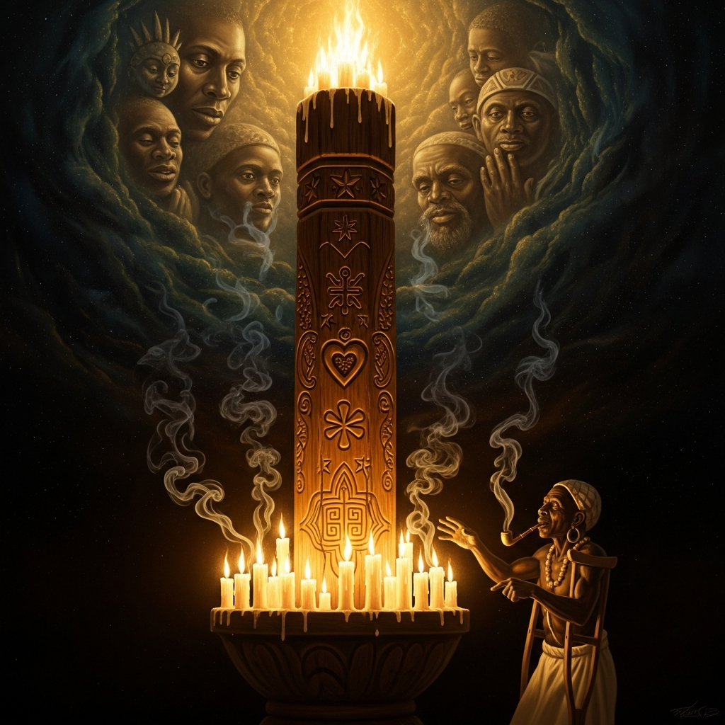 The poto-mitan — the central post that connects the living world to the realm of the lwa — blazes with candle flame. Legba has opened the gate. The ceremony can now begin. The other lwa are listening.