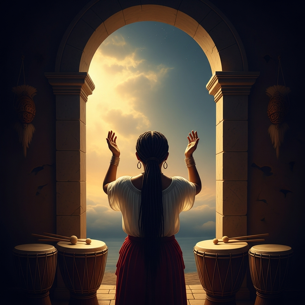 The mambo faces the eastern post of the peristil, her hands raised, calling the Vodou liturgy's oldest words: 'Atibon Legba, ouvri baryè-a pou mwen' — Papa Legba, open the gate for me. The drums are silent until he answers.
