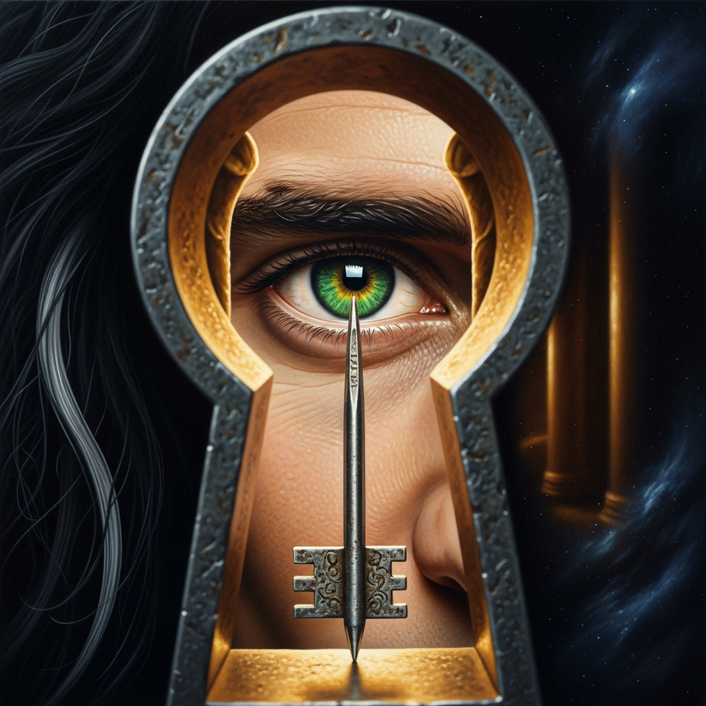 Loki, sent by Odin, watches through a keyhole no larger than a needle's eye. He has shrunk himself to the size of a horsefly to see what he was sent to see.