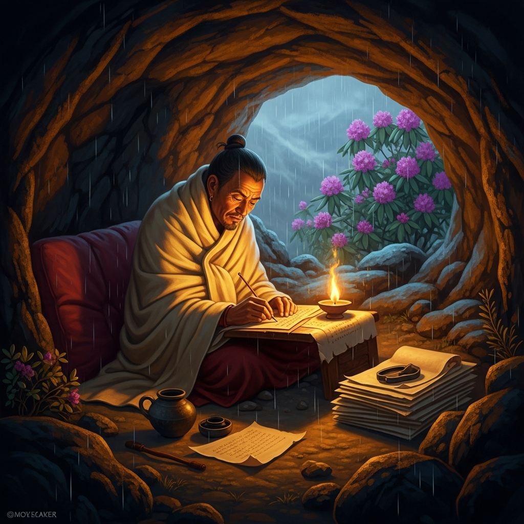 Longchenpa in a shallow cave in the Bhutanese mountains, wrapped in a single thin robe against the cold, writing by the light of a butter lamp. Around him are no possessions save a clay inkpot and a stack of loose parchment. Outside the cave entrance, rain falls on the rhododendrons.