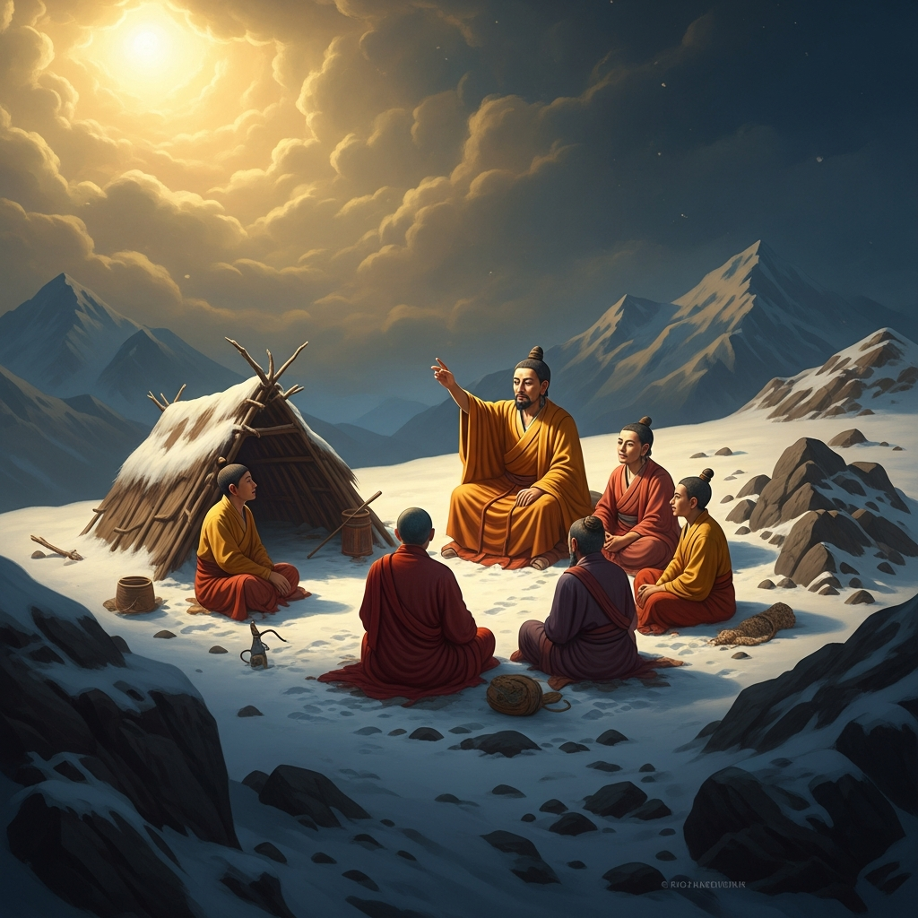 High on a mountain slope above the treeline, Longchenpa sits before his teacher Kumaradza in a small circle of students. They have no shelter. Snow is on the ground. Kumaradza gestures at the sky above — the open sky of Dzogchen pointing, the teacher indicating the nature of mind by indicating the nature of space.