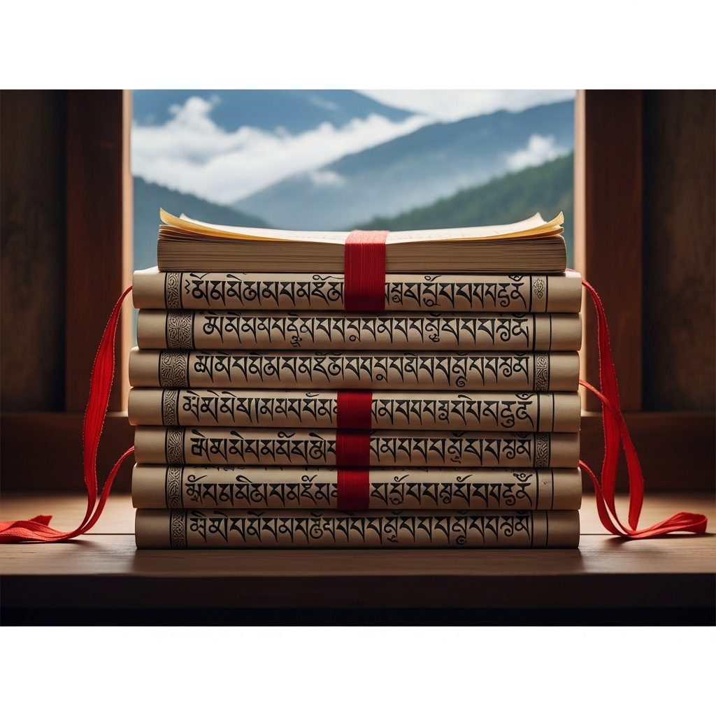 A stack of seven manuscripts on a simple wooden surface, each bound with a strip of red silk, each densely written. Through an open window behind them, the Bhutanese hills rise into cloud. On each manuscript, Tibetan script catches the morning light.